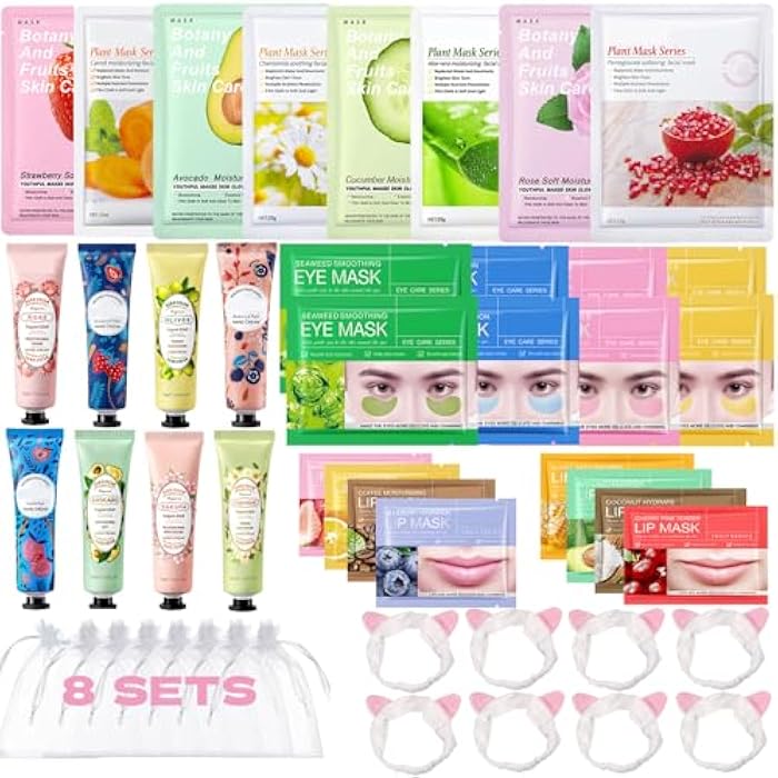 SIMSHOTUS 48 Pcs Spa Party Supplies, Facial Masks,Under Eye Patches,Hand Cream, Lip mask,Headband and Organza Bags, Spa Party Favors, Home Spa Kit Sleepover Set,Gifts for Women Sleepover Party Favors - Image 1