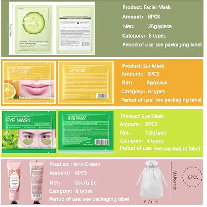 SIMSHOTUS 48 Pcs Spa Party Supplies, Facial Masks,Under Eye Patches,Hand Cream, Lip mask,Headband and Organza Bags, Spa Party Favors, Home Spa Kit Sleepover Set,Gifts for Women Sleepover Party Favors - Image 2