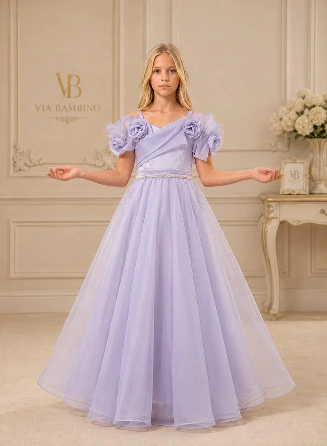 فيا بامبينو Lavender Rosette-Sleeve Pearl-Belt Gown 3454