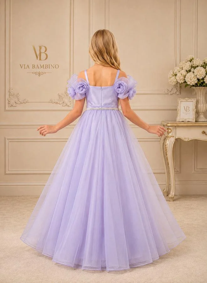 فيا بامبينو Lavender Rosette-Sleeve Pearl-Belt Gown 3454