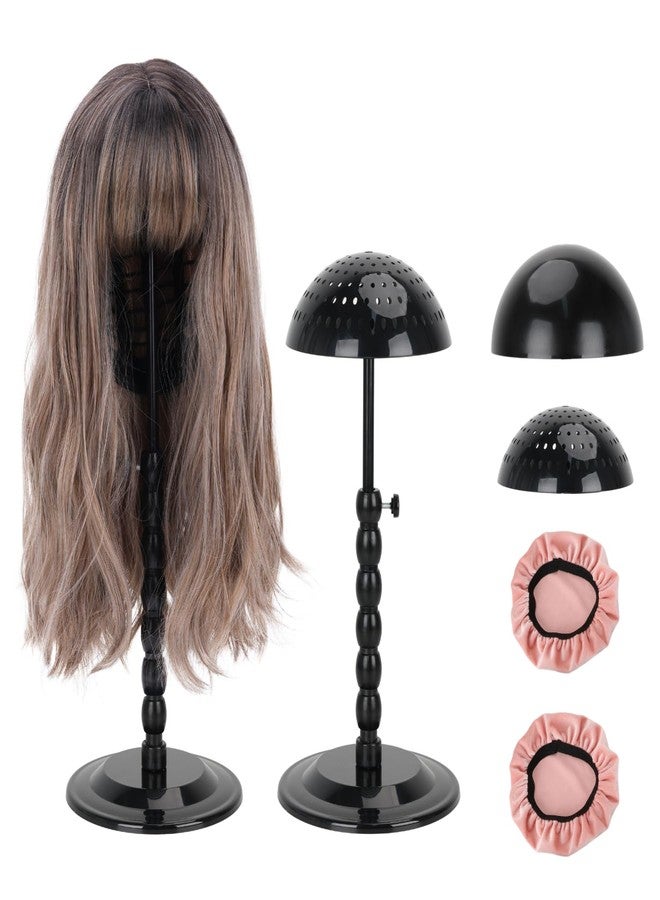 lightmay Wig Stand - Plastic Wig Stand 2 Packs Portable Foldable Wig Hat with Velvet Cover Holder Height Adjustable (12-18.8 Inches) Easy to Install Support Wig Display Stand (Black) - Image 1