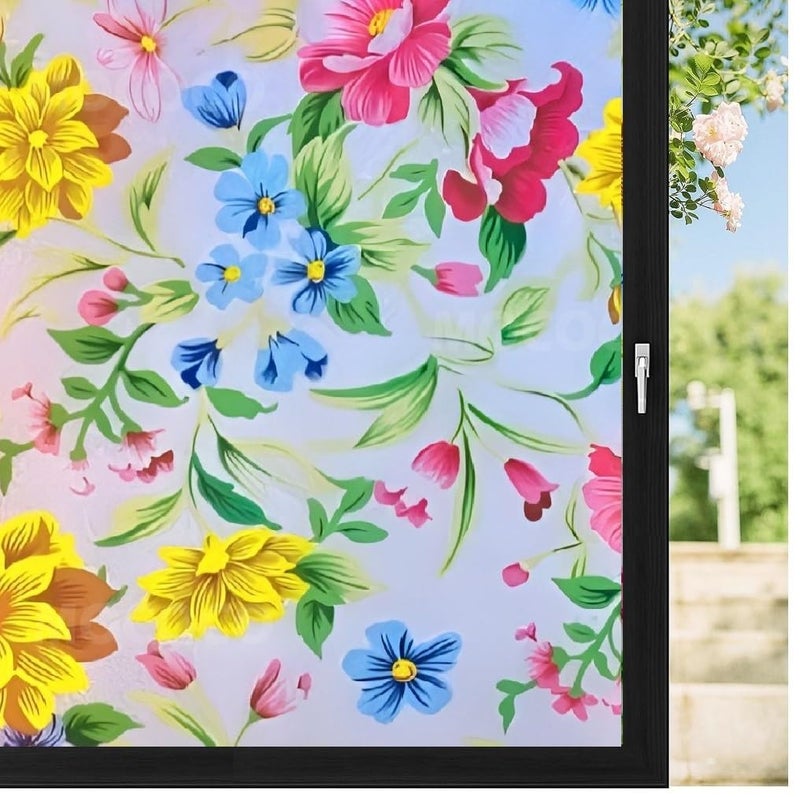 MOCOCO Premium Privacy Window Film Vinyl Frosted Self Adhesive Glass Film Decorative Window Stickers for Home Office Bathroom Kitchen Living Room - Peppy Flowers (18x60 Inch) - Image 1