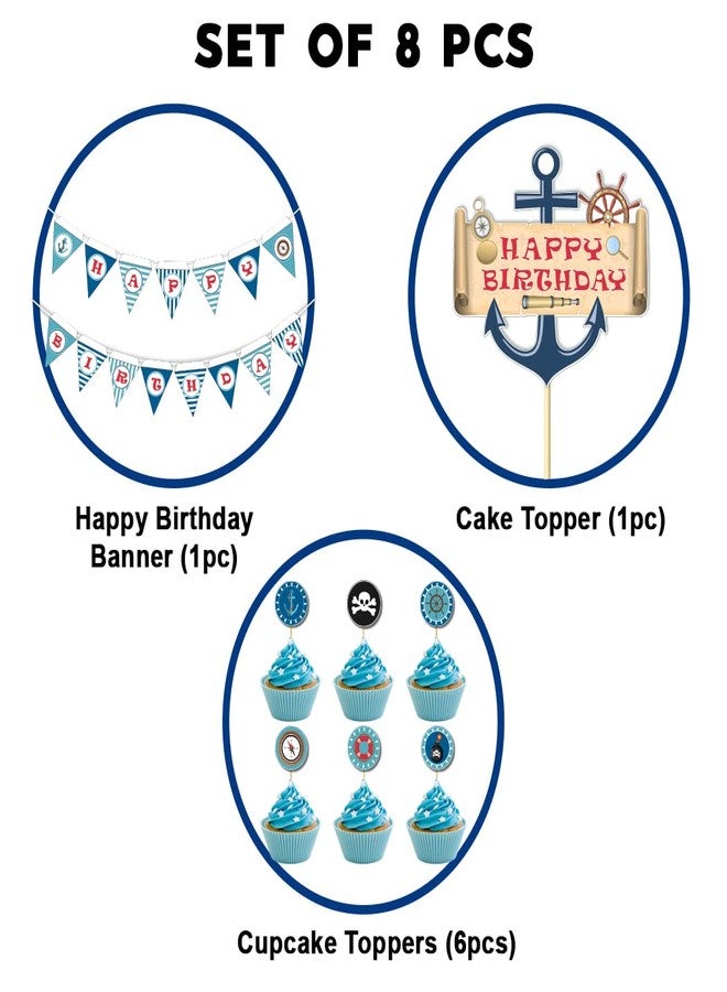 Festiko® Pirate Theme Birthday Decoration Set of 8 Pcs,Happy Birthday Decoration,Pirate Birthday Decorations for Kids Birthday Party Supplies (Banner,Cake Topper,Cup Cake Toppers) - Image 2