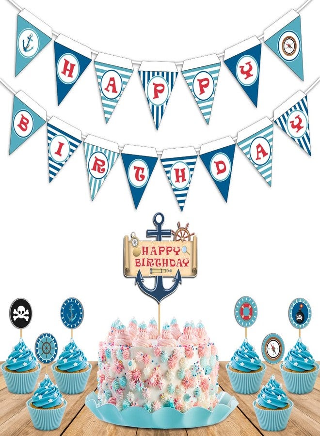 Festiko® Pirate Theme Birthday Decoration Set of 8 Pcs,Happy Birthday Decoration,Pirate Birthday Decorations for Kids Birthday Party Supplies (Banner,Cake Topper,Cup Cake Toppers) - Image 1