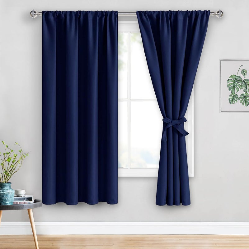 JIUZHEN Blackout Curtains for Bedroom Thermal InsulatedNoise Reducing Room Darkening Drapes for Living Room Rod Pocket Curtains with Tiebacks Set of 2 Panels 42 x 63 Inch Length Navy Blue