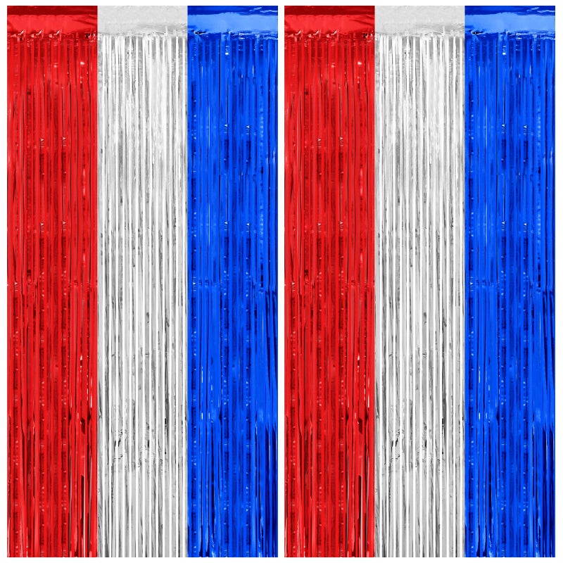 PatiCool Thicken Red White and Blue Decorations Streamers, 2 Pack 3.2 X 8.2 FT Tinsel Backdrop Curtains, Foil Fringe Backdrop for Birthday, 4th of July, Veterans Day, USA Patriotic Party Decorations - Image 1