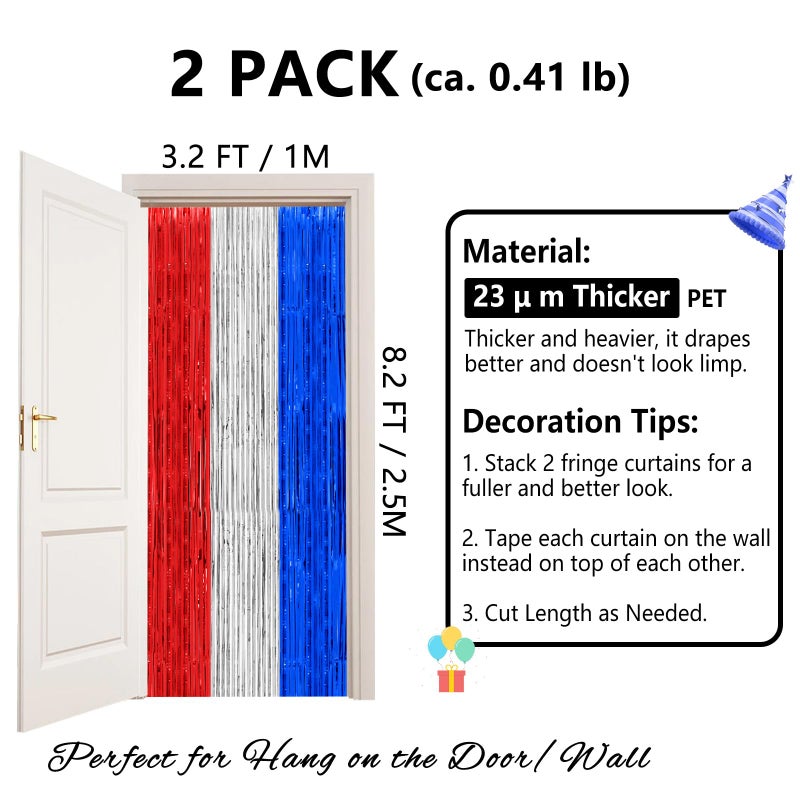 PatiCool Thicken Red White and Blue Decorations Streamers, 2 Pack 3.2 X 8.2 FT Tinsel Backdrop Curtains, Foil Fringe Backdrop for Birthday, 4th of July, Veterans Day, USA Patriotic Party Decorations - Image 2