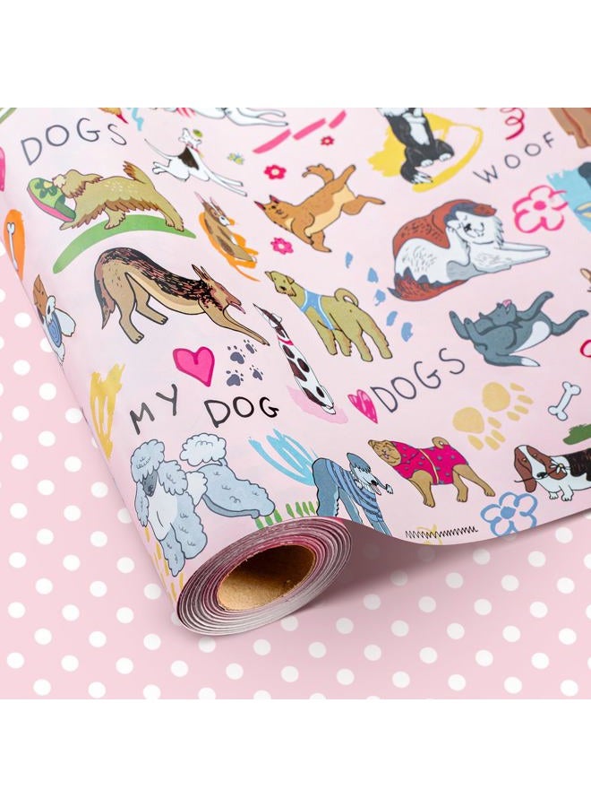 Flyhill Reversible Dog Wrapping Paper Roll,Pink & White Adorable Puppies,Bone,Paw Print,Polka Dot Gift Wrap Suitable for Birthday,Baby Shower,Party(17 IN x 32.8 FT) - Image 1