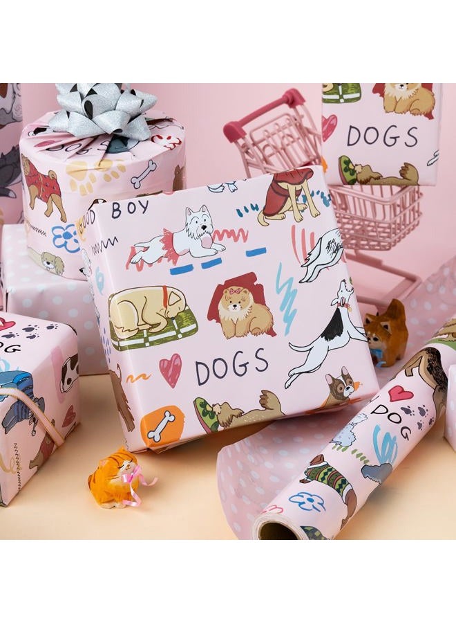 Flyhill Reversible Dog Wrapping Paper Roll,Pink & White Adorable Puppies,Bone,Paw Print,Polka Dot Gift Wrap Suitable for Birthday,Baby Shower,Party(17 IN x 32.8 FT) - Image 2