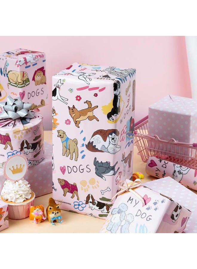 Flyhill Reversible Dog Wrapping Paper Roll,Pink & White Adorable Puppies,Bone,Paw Print,Polka Dot Gift Wrap Suitable for Birthday,Baby Shower,Party(17 IN x 32.8 FT) - Image 5