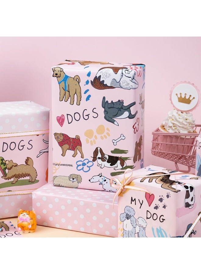 Flyhill Reversible Dog Wrapping Paper Roll,Pink & White Adorable Puppies,Bone,Paw Print,Polka Dot Gift Wrap Suitable for Birthday,Baby Shower,Party(17 IN x 32.8 FT) - Image 4