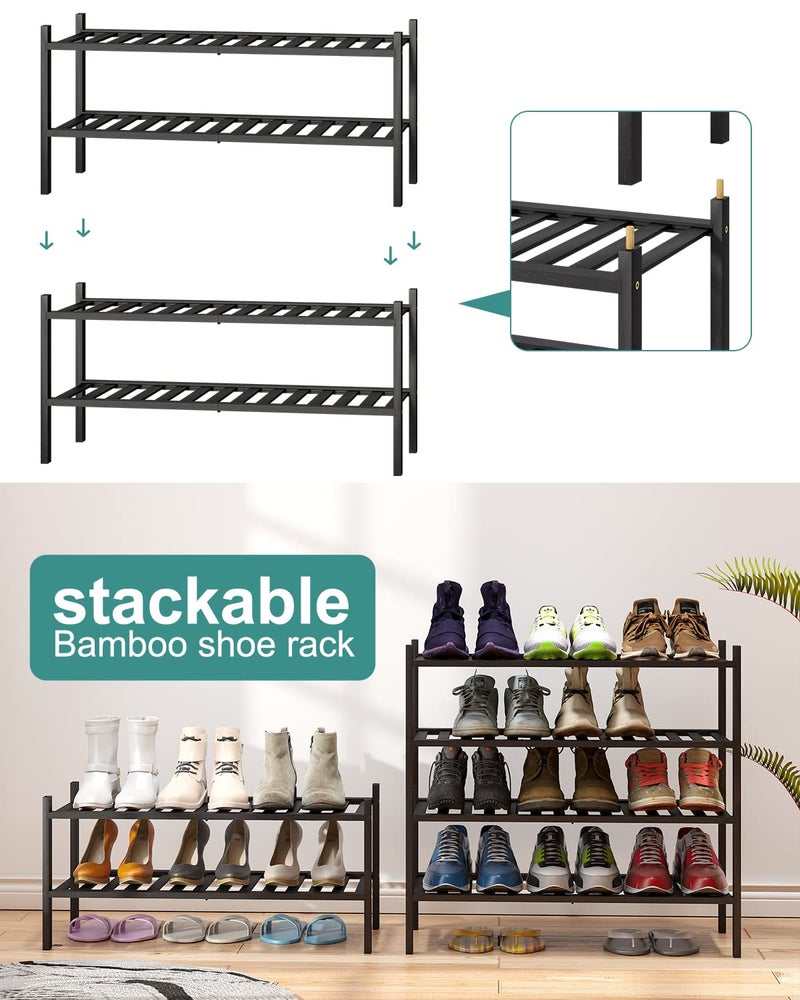 viewcare 2-Tier Black Bamboo Shoe Rack for Entryway, Stackable | Foldable | Natural, Shoe Shelf Storage Organizer for Hallway Closet, Free Standing Shoe Racks for Indoor Outdoor - Image 4
