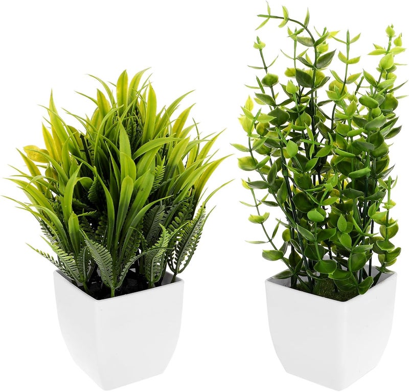UKCOCO Artificial Potted Plants Set 2pcs, Lifelike Faux Eucalyptus and Spring Grass Bonsai, Small Tabletop Fake Plants for Home Office Bathroom Décor - Image 1