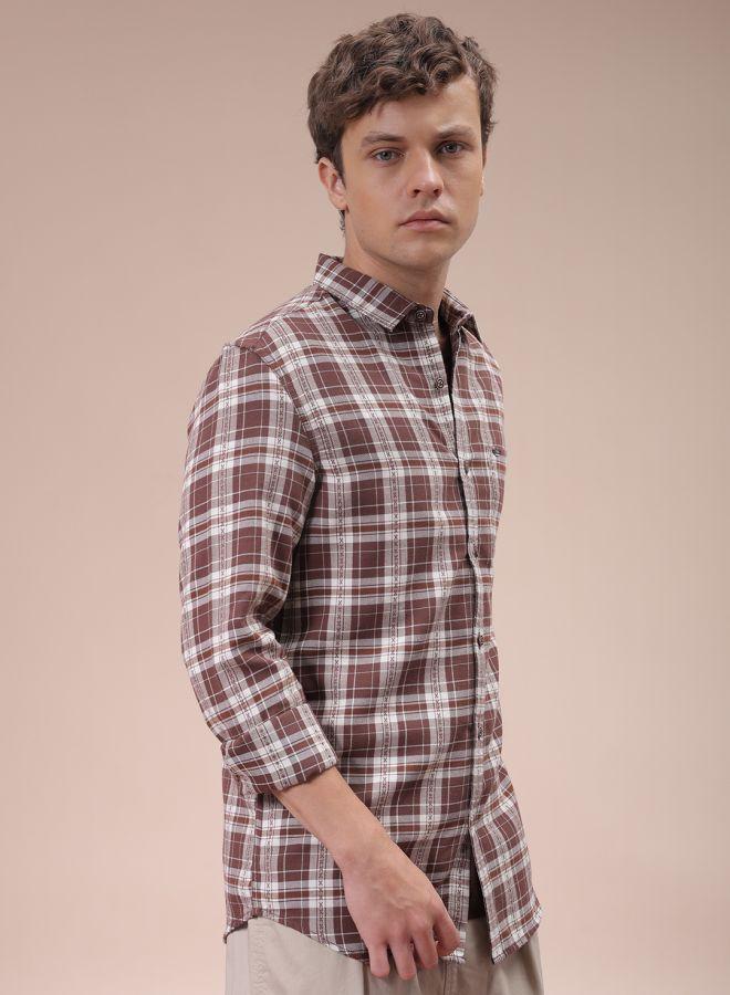 Men Slim Fit Checkered Full Sleeves Cutaway Collar Casual Shirt