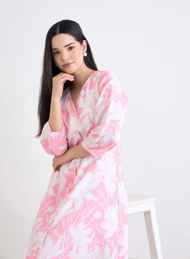 Styli Floral Print Buttoned A-Line Midi Dress