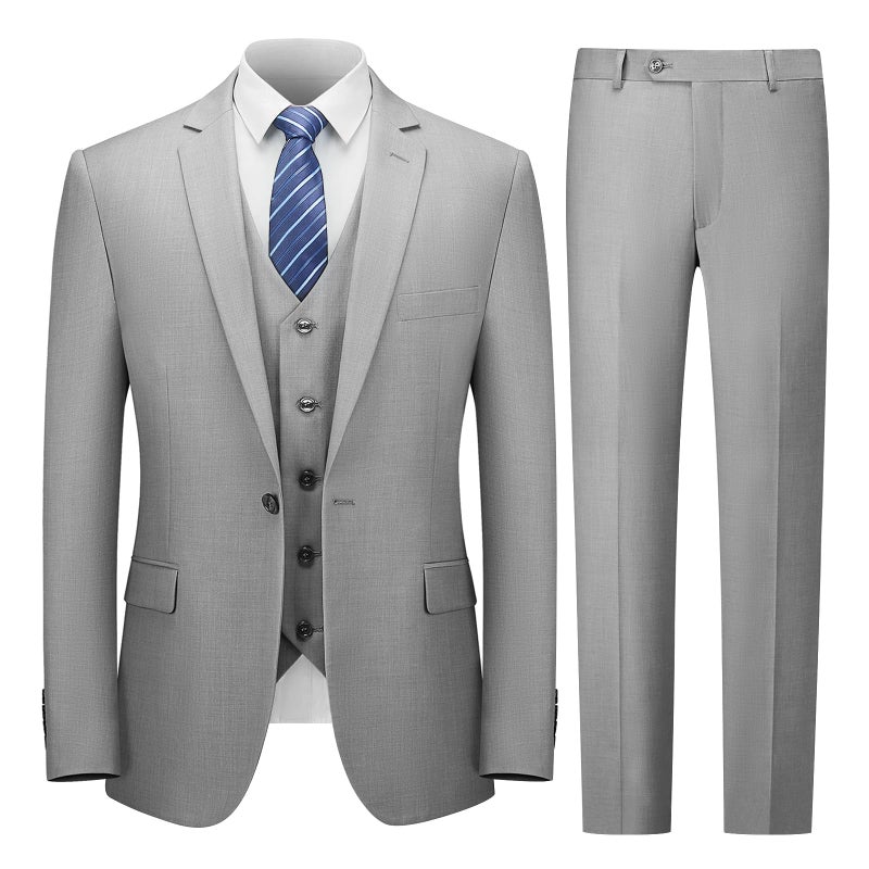 Cooper & Nelson Men's Suit Slim Fit, 3 Piece Suits for Men, One Button Jacket Vest Pants with Tie, Tuxedo Set Light Grey L - Image 1
