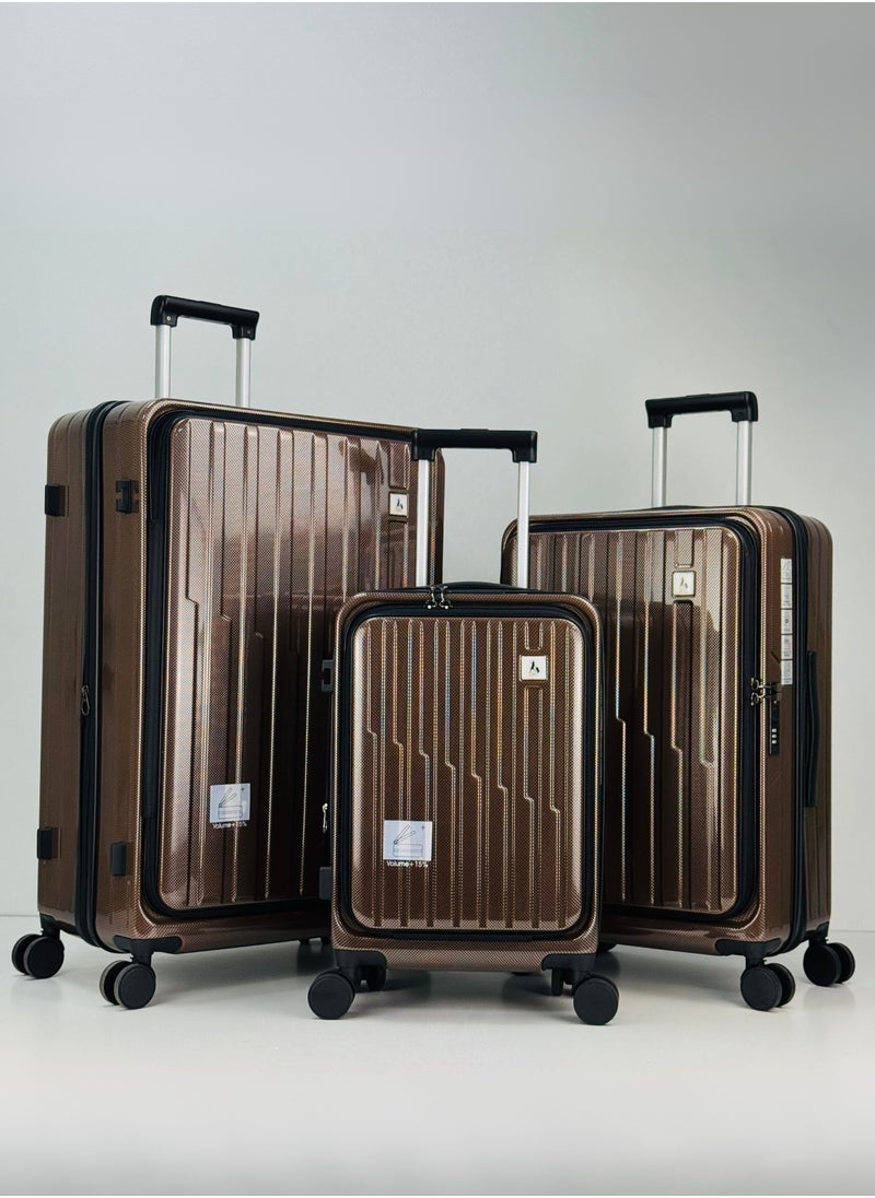 SAW & SEE Premium PC Unbreakable Front opening Hard Shell Luggage Set – 3-Piece Suitcase Set, Lightweight with Expandable upto 25 Percent Extra storage Trolley Bags with 4 double Spinner Wheels, TSA Approved Lock and Durable Travel Suitcases– 12 Kg, 23 Kg, 35 Kg - 20" / 24" / 28" – DARK BROWN  - Image 1