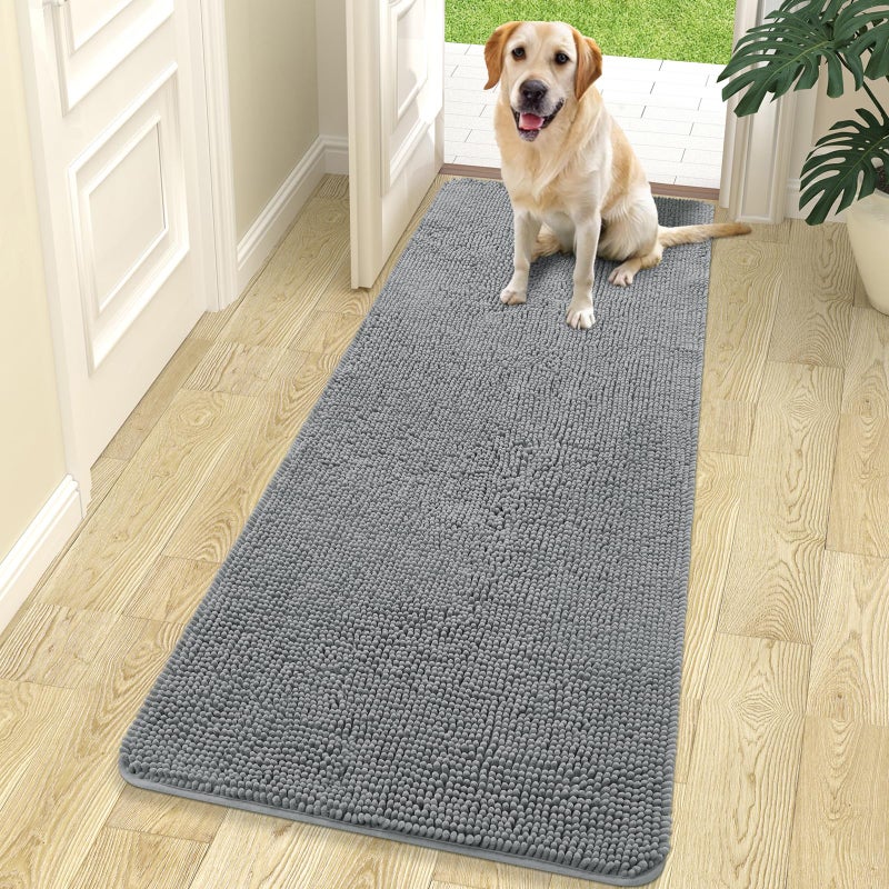 OLANLY Dog Door Mat for Muddy Paws 70x24, Absorbs Moisture and Dirt, Absorbent Non-Slip Washable Doormat, Quick Dry Chenille Mud Mat for Dogs, Entry Indoor Entryway Carpet for Inside Floor, Grey - Image 1