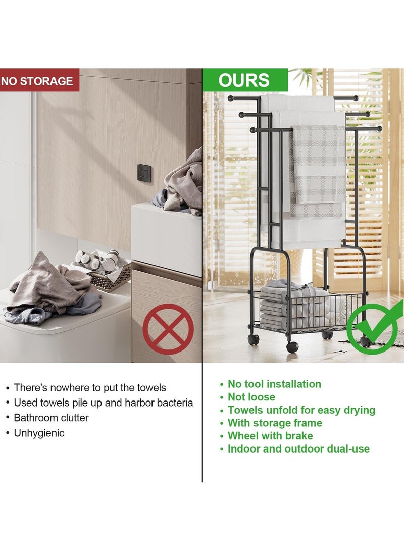 WALALLA Free Standing Towel Racks for Bathroom, 3 Tier Floor Towel Rack Stand with Wheels & Basket, Blanket Rack and Blanket Holder for Living Room Bath Bedroom, Outdoor Pool - Image 3