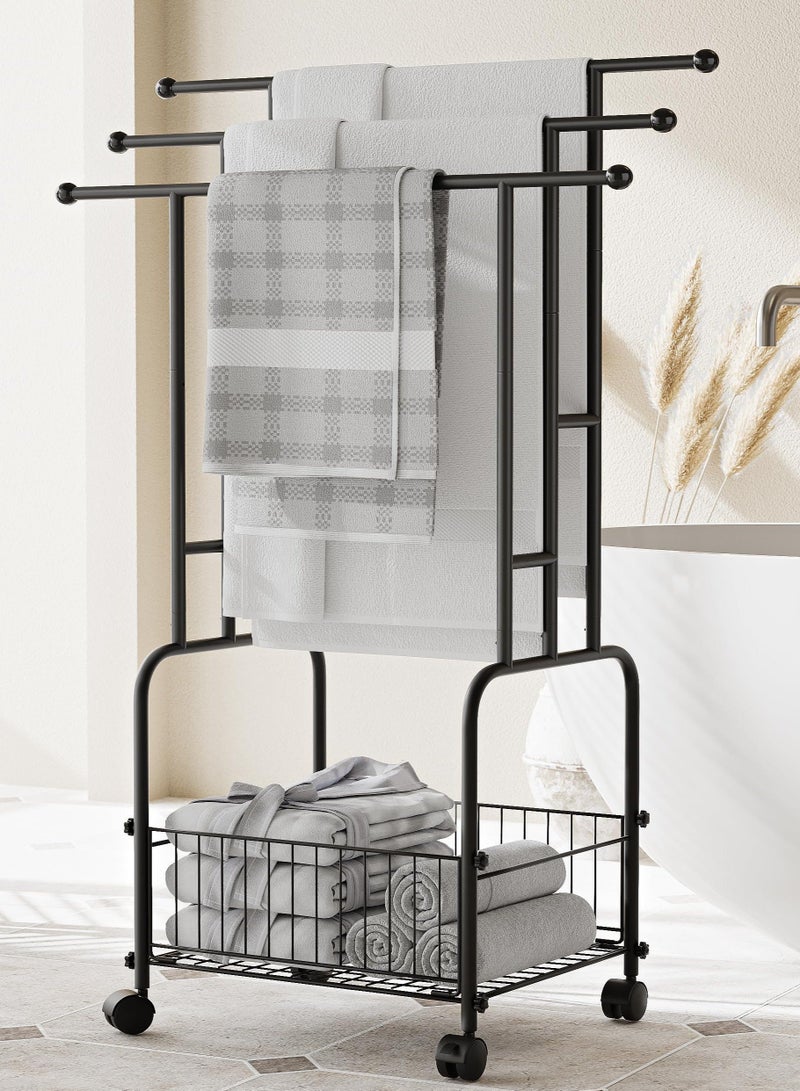 WALALLA Free Standing Towel Racks for Bathroom, 3 Tier Floor Towel Rack Stand with Wheels & Basket, Blanket Rack and Blanket Holder for Living Room Bath Bedroom, Outdoor Pool - Image 1