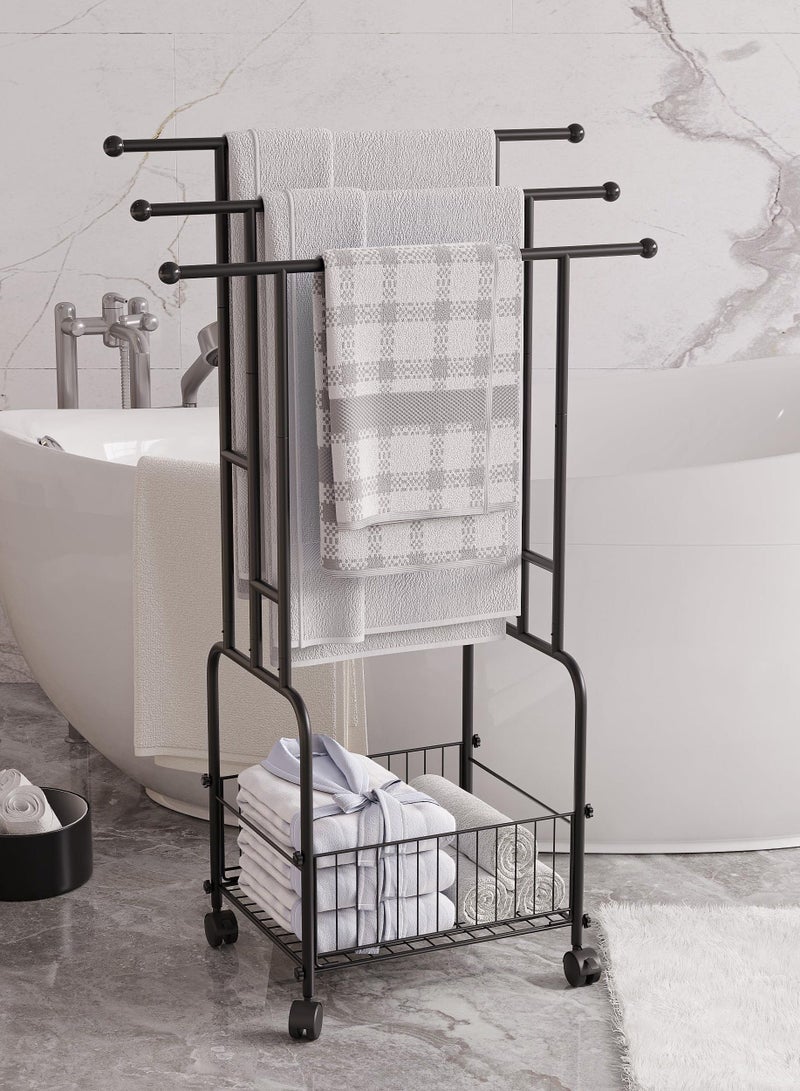 WALALLA Free Standing Towel Racks for Bathroom, 3 Tier Floor Towel Rack Stand with Wheels & Basket, Blanket Rack and Blanket Holder for Living Room Bath Bedroom, Outdoor Pool - Image 4