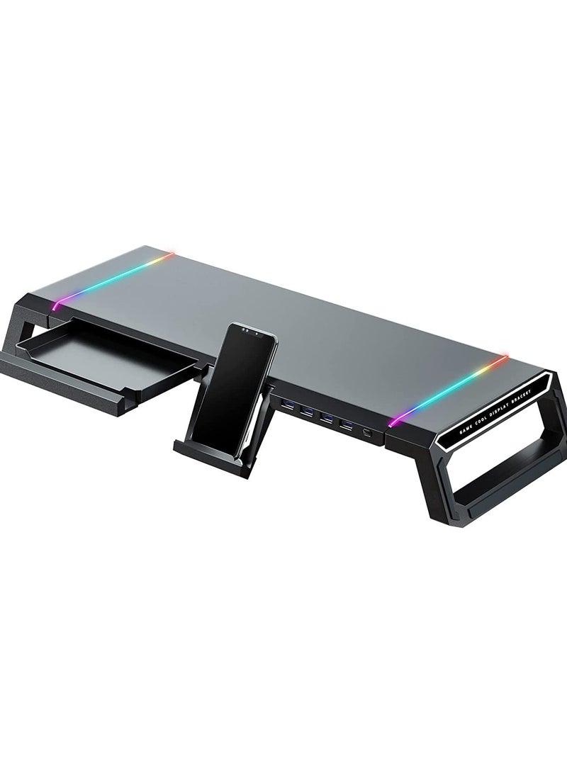 erorex Computer Monitor Stand Riser RGB Gaming Lights with 4 USB 3.0 HUB Docking Station, Foldable PC Screen Tabletop Risers, Storage Organizer Drawer and Phone Holder - Image 1