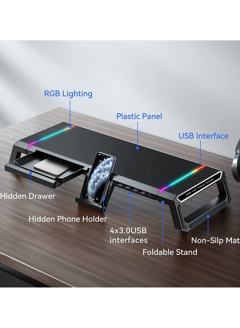 erorex Computer Monitor Stand Riser RGB Gaming Lights with 4 USB 3.0 HUB Docking Station, Foldable PC Screen Tabletop Risers, Storage Organizer Drawer and Phone Holder - Image 2