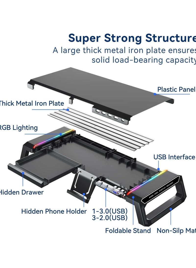 erorex Computer Monitor Stand Riser RGB Gaming Lights with 4 USB 3.0 HUB Docking Station, Foldable PC Screen Tabletop Risers, Storage Organizer Drawer and Phone Holder - Image 3