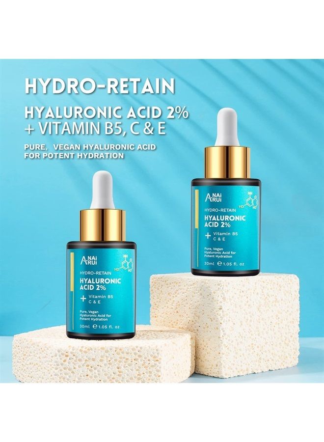 ANAI RUI Hyaluronic Acid Serum for Skin 2% with Vitamin B5, C& E - Intense Hydration + Moisturizer, Plumps & Increase Firmness, Non-greasy, Paraben-free - 1. Fl Oz