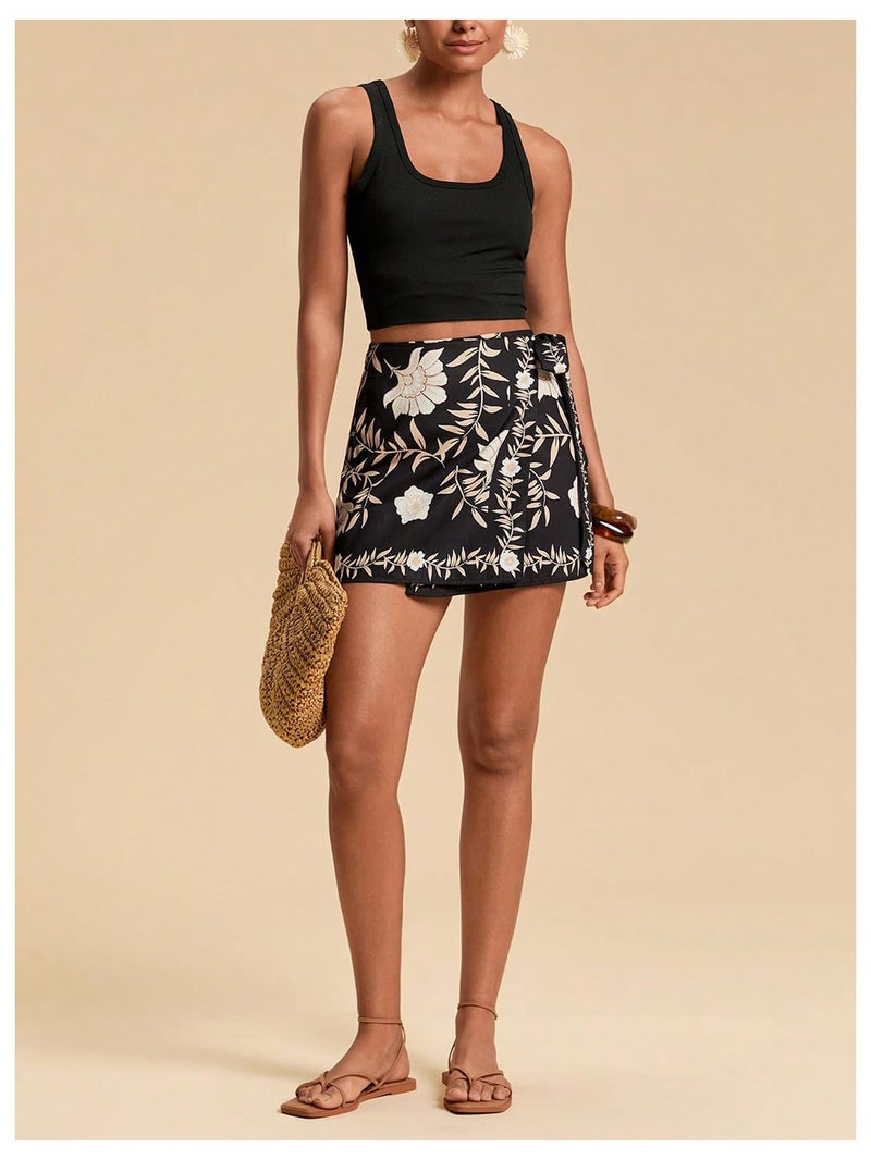 MakeMeChic Women's Summer Boho Wrap Mini Skirt Beach Vacation Short Skirts Floral Black Small - Image 5