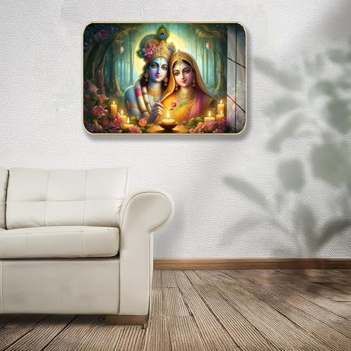 Masstone Radha Krishna Crystal Embedded High Gloss Wall Painting, Golden Slim Frame, 45x30 Cm Wall Art for Living Room, Bedroom, Office & Home Décor (CRG32) - Image 2