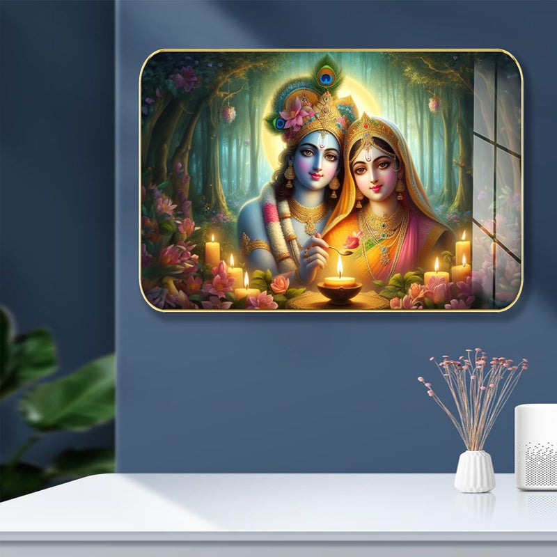 Masstone Radha Krishna Crystal Embedded High Gloss Wall Painting, Golden Slim Frame, 45x30 Cm Wall Art for Living Room, Bedroom, Office & Home Décor (CRG32) - Image 5