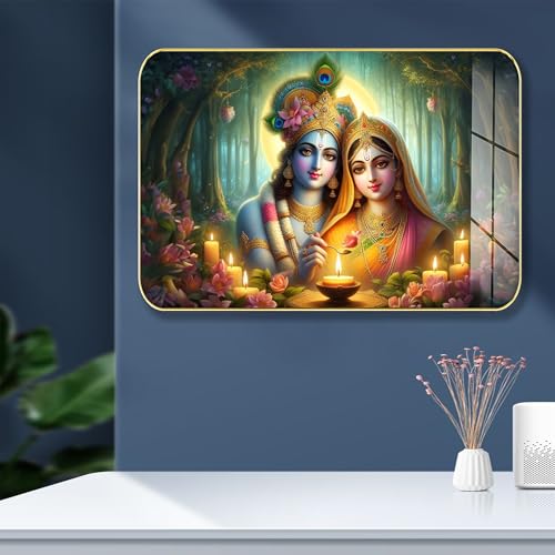Masstone Radha Krishna Crystal Embedded High Gloss Wall Painting, Golden Slim Frame, 45x30 Cm Wall Art for Living Room, Bedroom, Office & Home Décor (CRG32) - Image 1