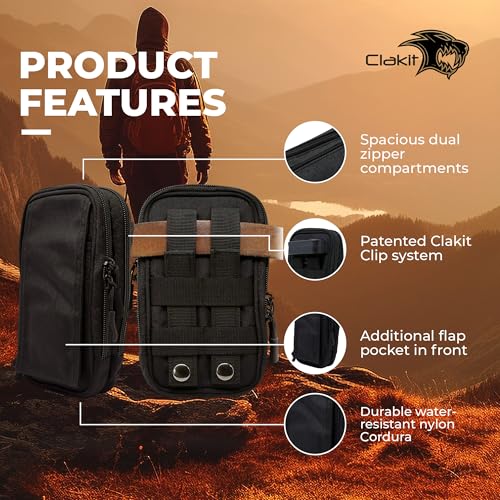 Clakit XL Strap Pack Travel Pouch, Double Zipper Passport Holder - Multi Pocket Organizer Cellphone Pouch with Clip, Backpack Accessories for Everyday Carry Hiking Travel Wallet - Black - Image 3