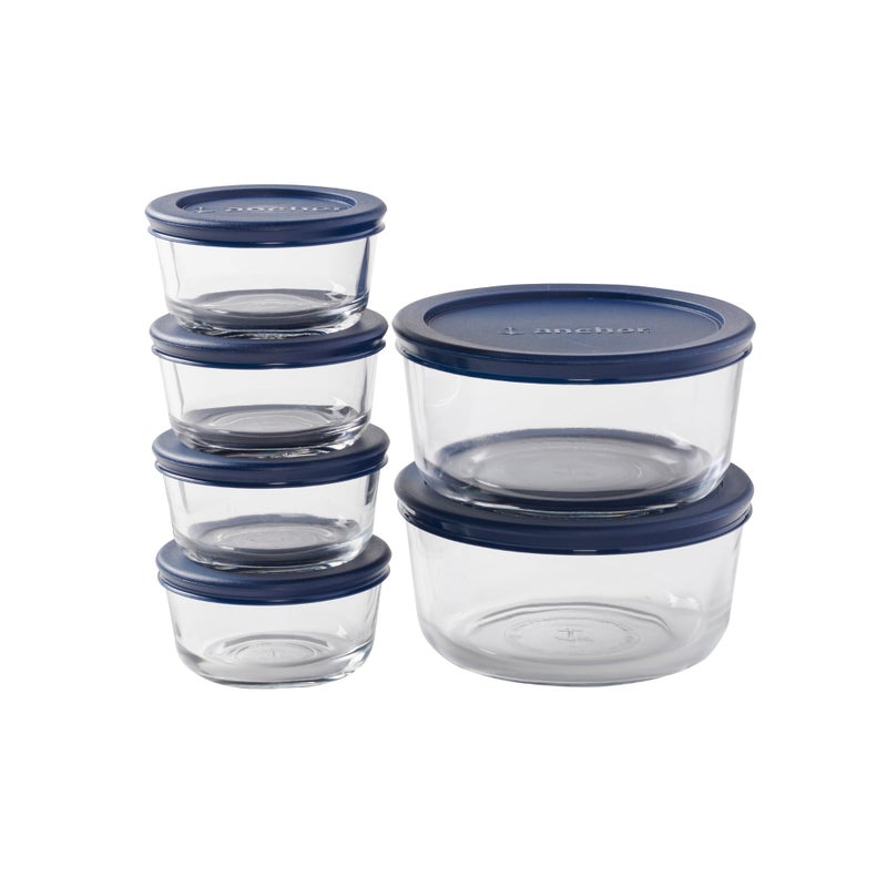 Anchor Hocking 12 Piece Glass Storage Containers with Lids (6 Glass Food Storage Containers & 6 Navy Blue SnugFit Lids) - Image 1