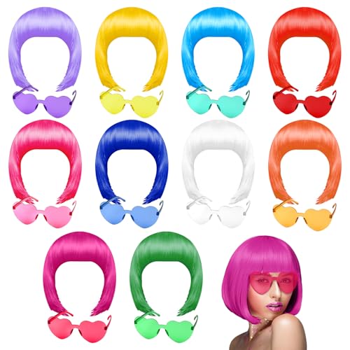 PLULON 20 Pieces Party Wigs and Sunglass Set Neon Short Bob Wig Sunglass Pack Costume Colorful Cosplay Wig Daily Party Hairpieces for Bachelorette Neon Party Favors Halloween Decorations