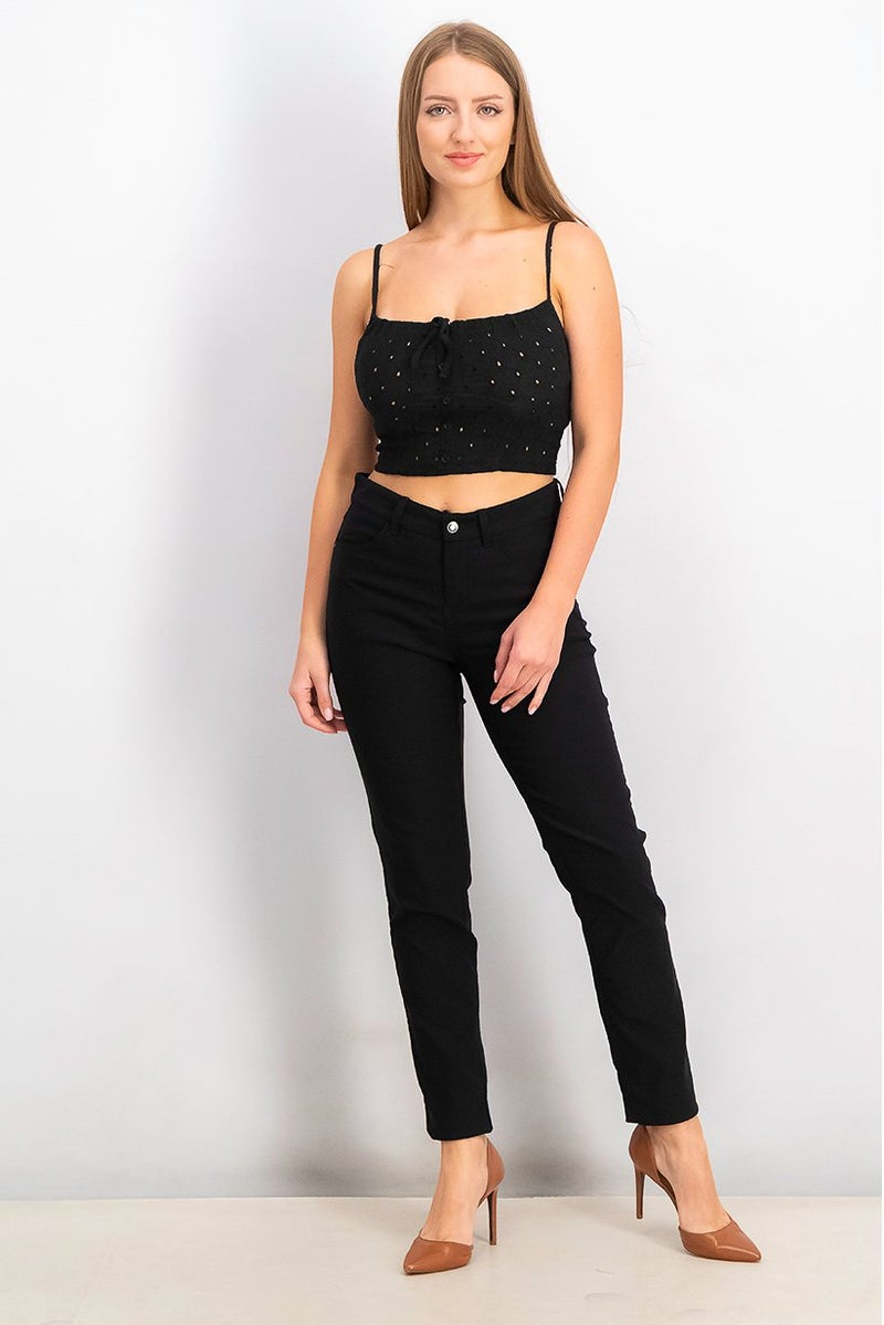 Tchibo Women Regular Fit Plain Straight Leg Pants, Black  - Image 2