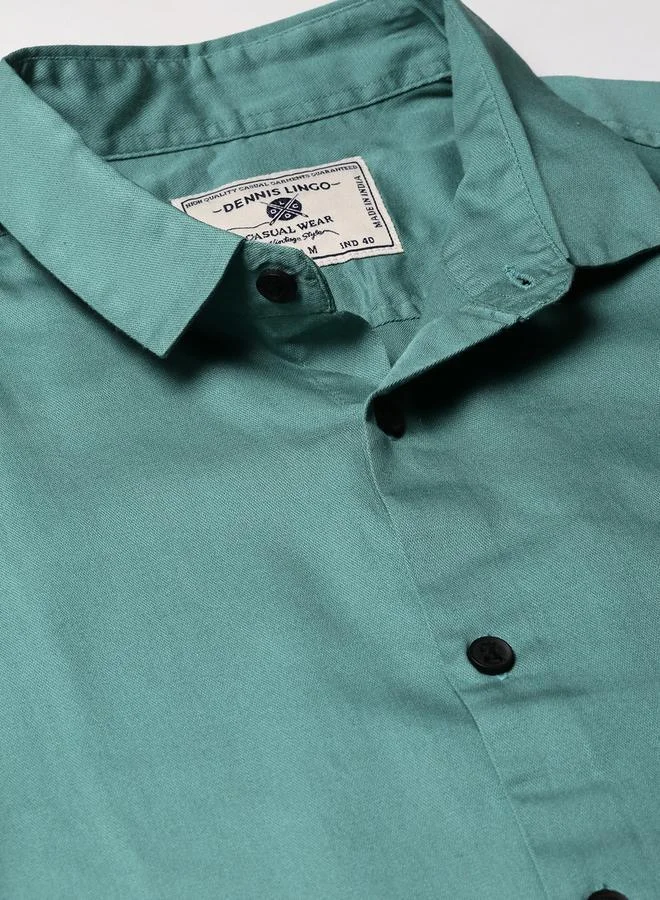 Dennis Lingo Slim Fit Peacock Green Men's Solid Shirt, Spread Collar, Full Sleeves, 100% Cotton,