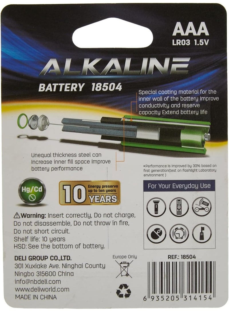 Deli Alkaline Batteries – 2-Pack, LR03 AAA -Long-Lasting Power for Toys, Remotes & High-Drain Devices, Leak-Proof Design – Model 18504 - Image 3