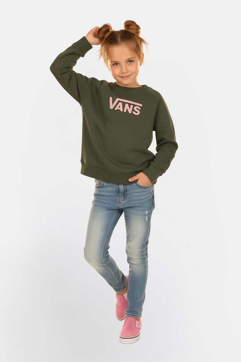 VANS Kids Girl Crew Neck Long Sleeve Brand Logo Sweatshirt, Green - Image 1