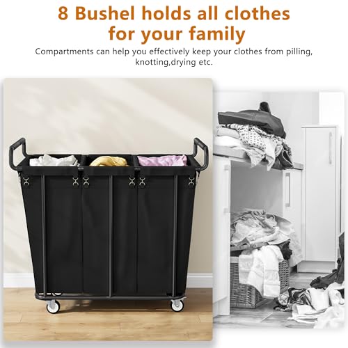 Gewudraw Large laundry hamper with Wheels, 360L 3 Bag Big Rolling Laundry Hamper Sorter Cart, Extra Large Laundry Clothes Hamper, Heavy Duty Laundry Basket Organizer for Laundry Room,Bathroom,Black - Image 5