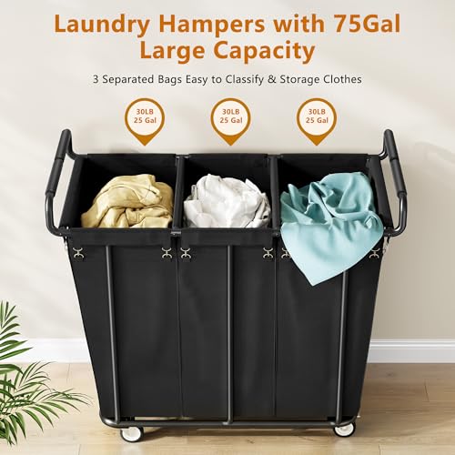 Gewudraw Large laundry hamper with Wheels, 360L 3 Bag Big Rolling Laundry Hamper Sorter Cart, Extra Large Laundry Clothes Hamper, Heavy Duty Laundry Basket Organizer for Laundry Room,Bathroom,Black - Image 2