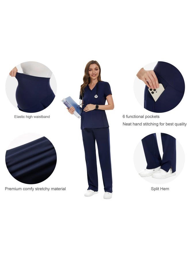 POSHGLAM Women's Maternity Scrubs Pant 6-Pocket Stretchy Comfy Workwear Casual Pregnancy Pants, S-XXL, B02 New Navy, M - Image 3