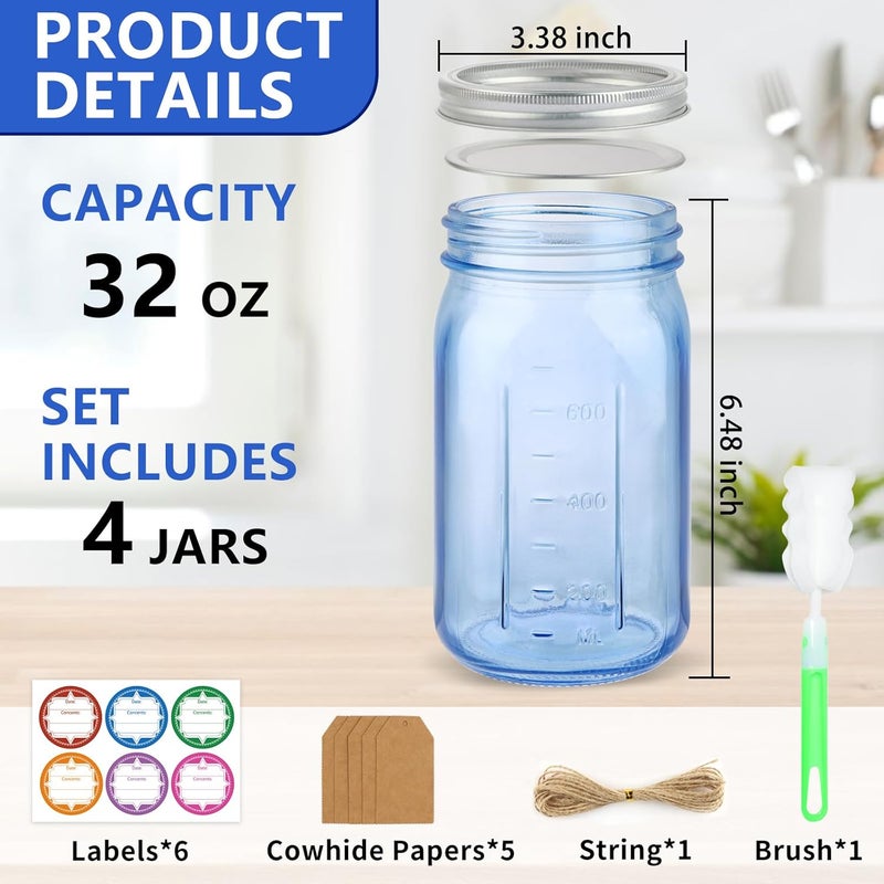 CARBLIN 4 Pack Mason Jar 32oz, Blue Wide Mouth Canning Jars with Airtight Lid, Taped Glass Pint Jars Labels Brush, Jam Fermente Large Storage Quart for Protection - Image 3