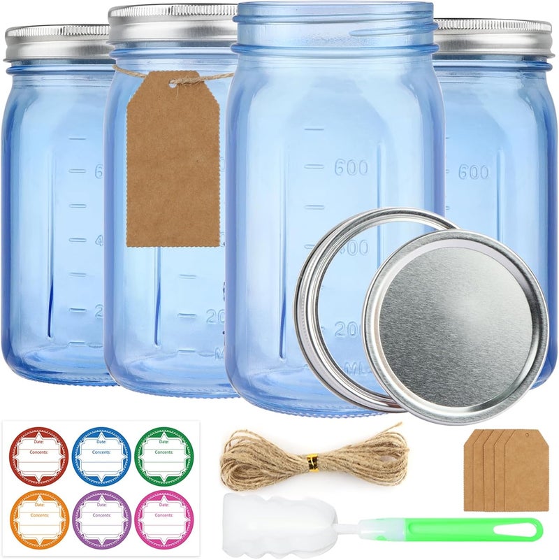 CARBLIN 4 Pack Mason Jar 32oz, Blue Wide Mouth Canning Jars with Airtight Lid, Taped Glass Pint Jars Labels Brush, Jam Fermente Large Storage Quart for Protection - Image 1