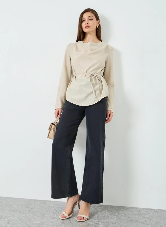 Styli Women Beige Long Sleeve Cowl Neck Blouse