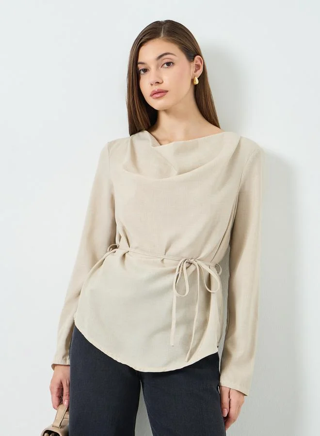 Styli Women Beige Long Sleeve Cowl Neck Blouse