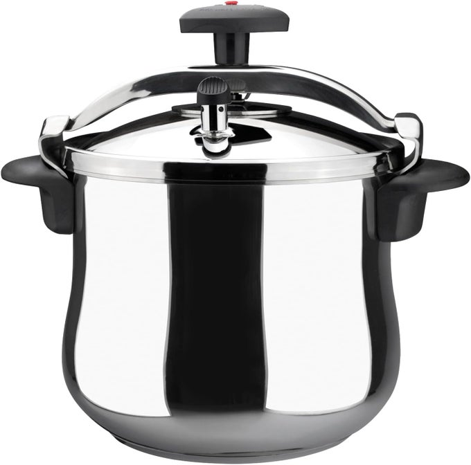 STAR BELLY PRESSURE COOKER 106 QUART WITH ROUNDED BOTTOM MADE IN 1810 STAINLESS STEEL SUITABLE FOR ALL TYPES OF STOVETOPS INCLUDED INDUTION 3 HEAVY SECURITY SYSTEMS 8 PSI