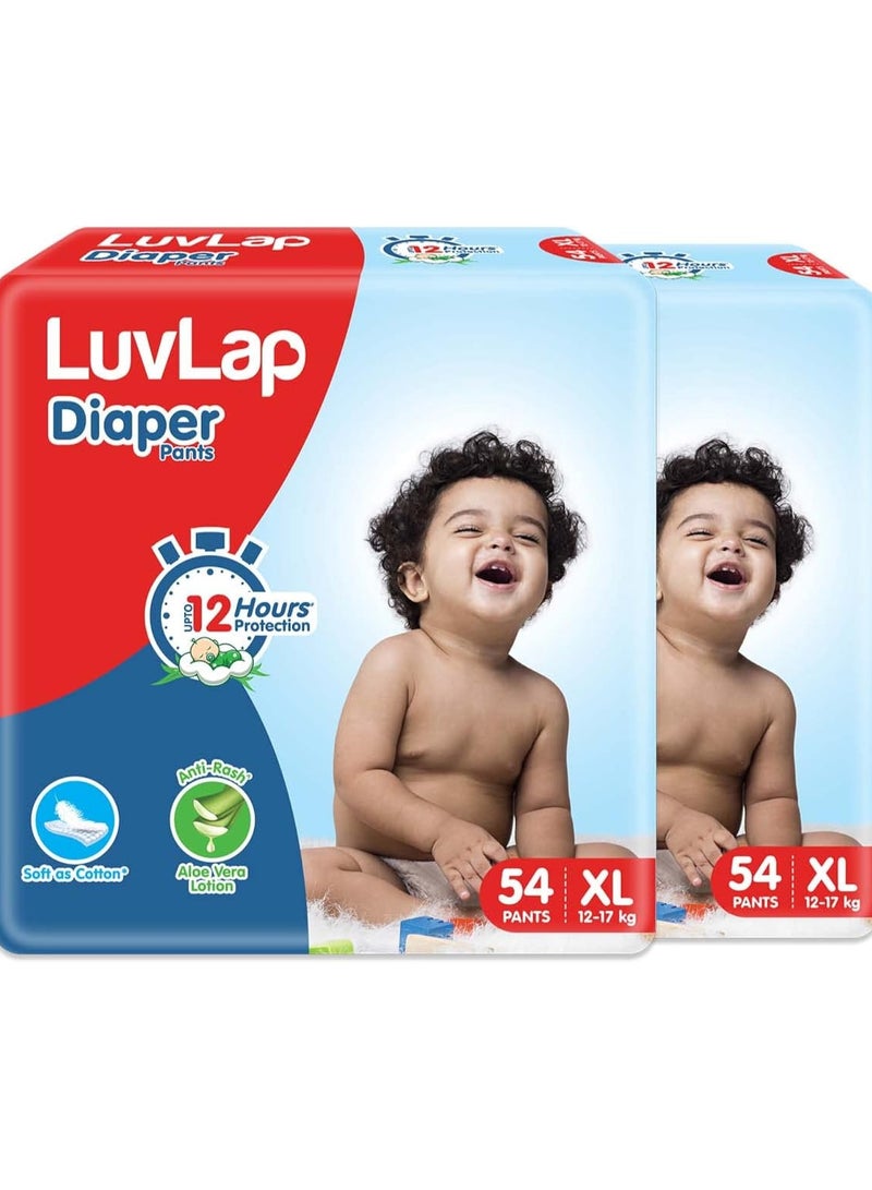 Luv Lap Pant Style Baby Diapers, Extra Large (XL) For babies of 12 to 17Kg, Pack of 2 (54 Pants x 2 = 108 Pants),with Aloe Vera Lotion for rash protection, with upto 12hr protection, Diapers