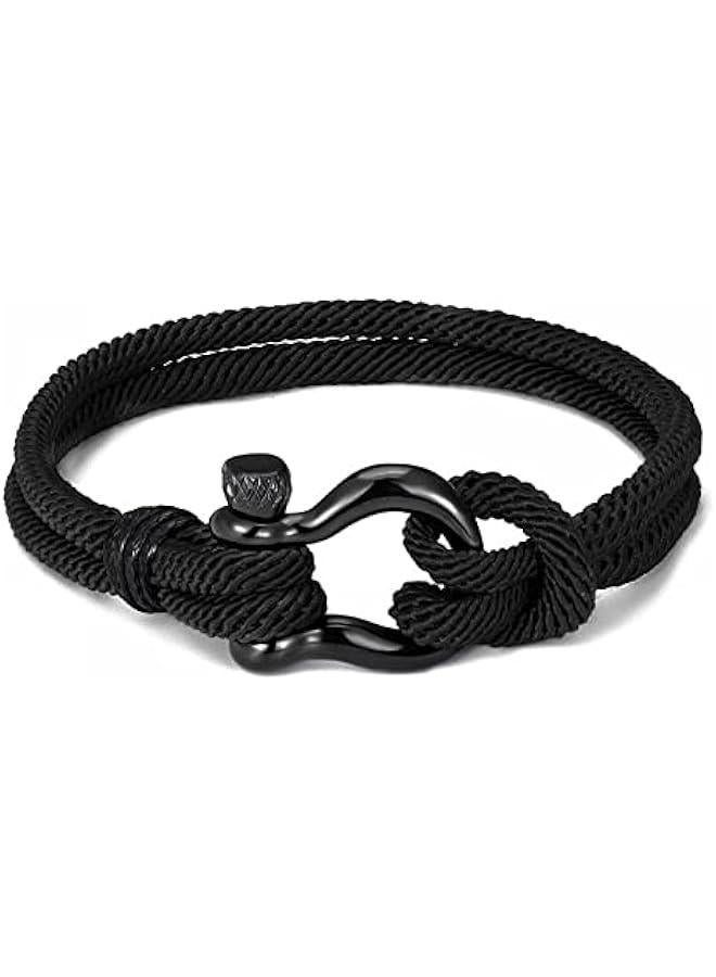 Mens Bracelet,Casual Sturdy Men's Handmade Milan Rope Braided Bracelet Horseshoe Buckle Stainless Steel Wristband Bracelet I Will Always Be with You Nautical Bracelet Great Gifts for Men-Black - Image 1